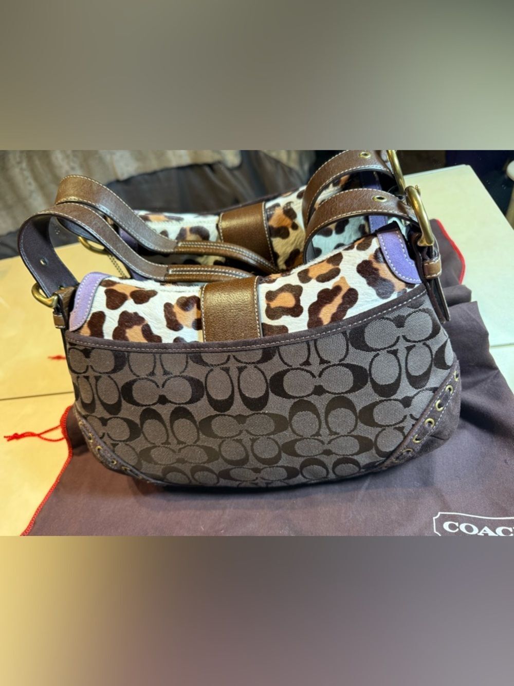 COACH NWT Extremely Rare Vintage Soho Leopard Calf Hair&Brown Signature Handbag - Picture 8 of 15
